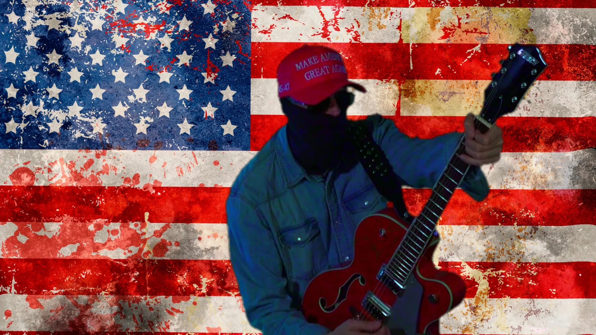 Masked guitarist in front of a distressed American flag