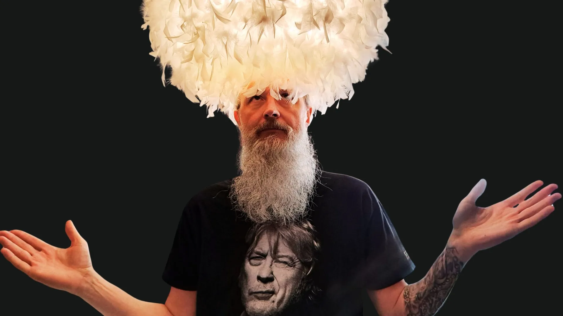 Peter Capon with a feather headdress, from the Sweet Dreams video